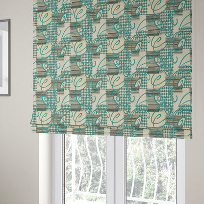 Kayu Patchwork Pattern Quality Chenille Upholstery Fabric In Blue Teal Colour MSS-33 - Roman Blinds