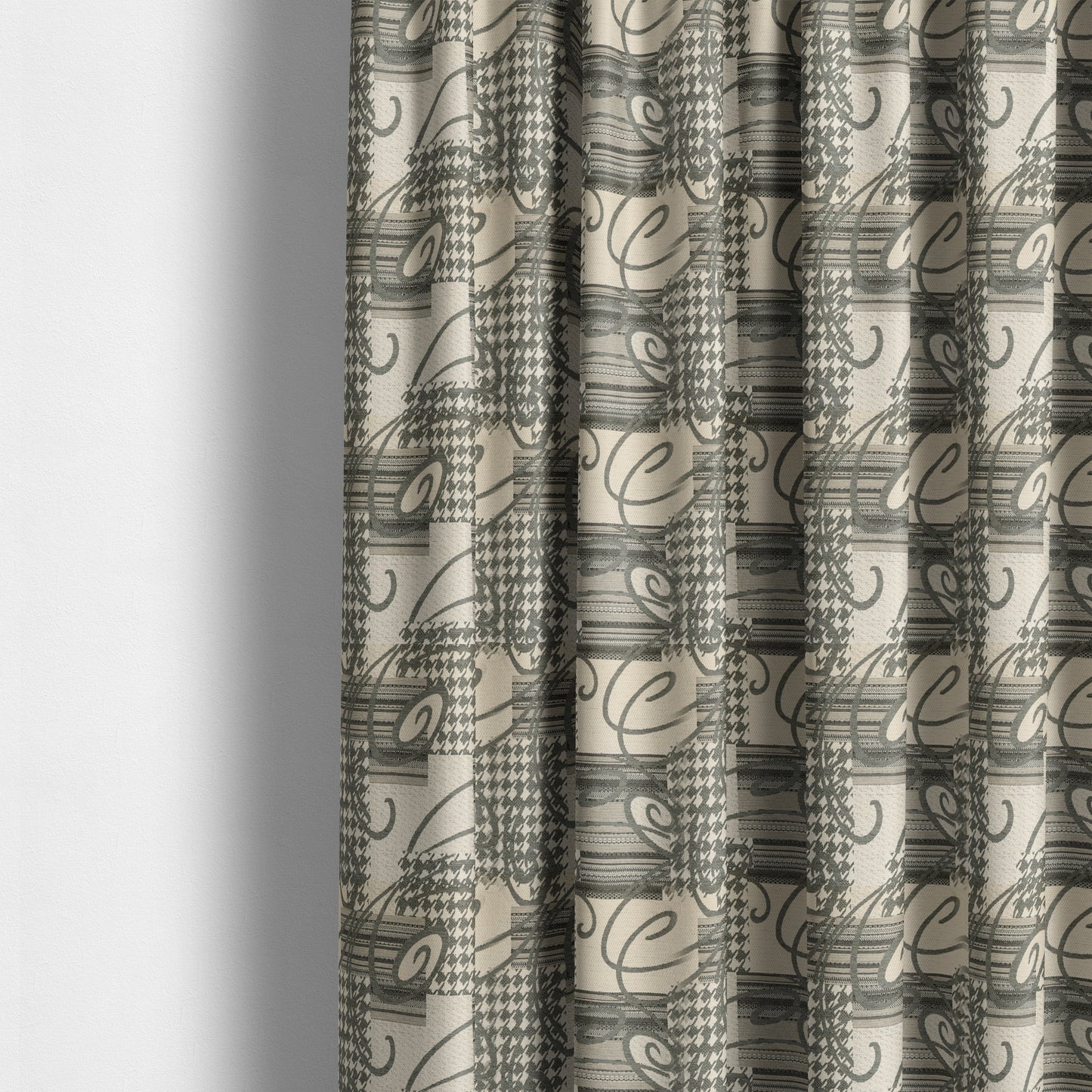 Kayu Patchwork Pattern Quality Chenille Upholstery Fabric In Grey Colour MSS-35 - Made To Measure Curtains