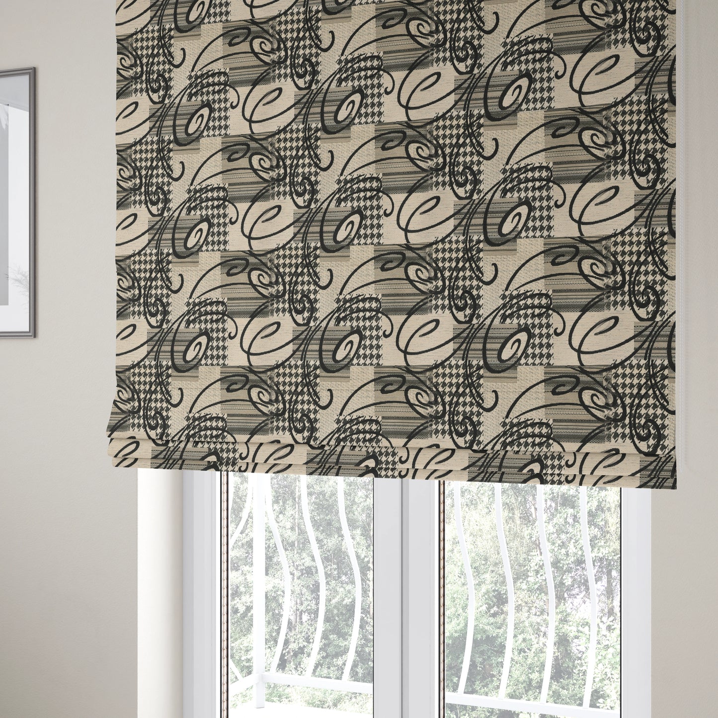 Kayu Patchwork Pattern Quality Chenille Upholstery Fabric In Black Colour MSS-36 - Roman Blinds