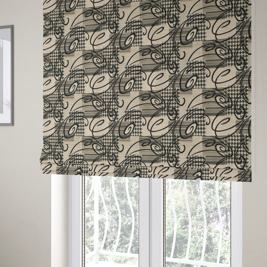 Kayu Patchwork Pattern Quality Chenille Upholstery Fabric In Black Colour MSS-36 - Roman Blinds