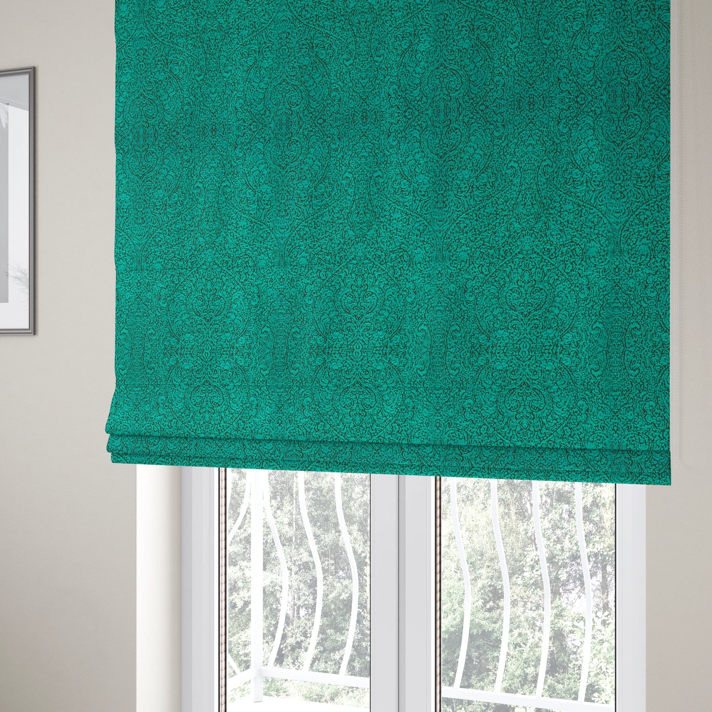 Momentum Damask Pattern Quality Soft Chenille Upholstery Fabric In Blue Teal Colour MSS-40 - Roman Blinds