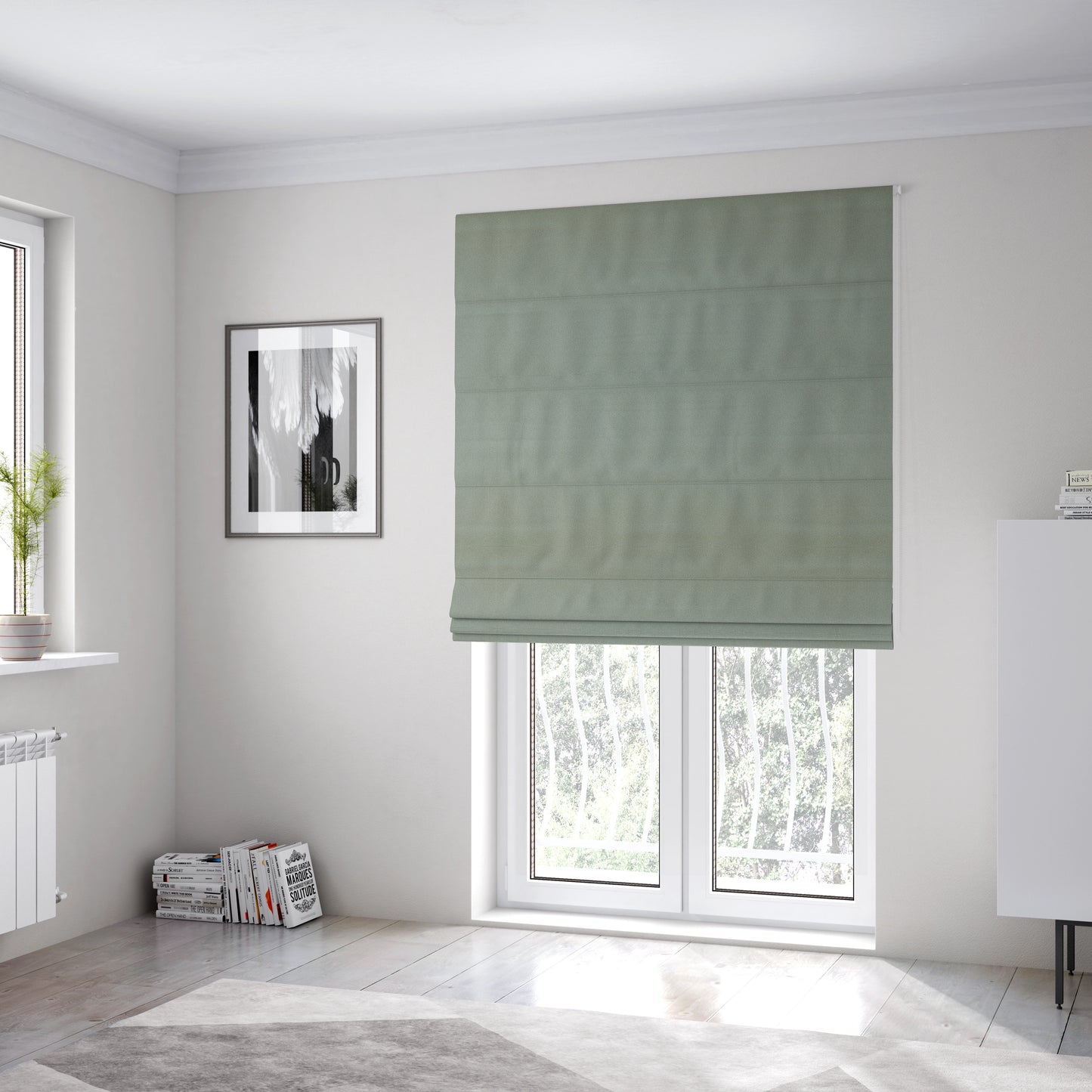 Mehari Linen Effect Flat Weave Semi Plain Upholstery Fabric In Light Green Colour - Roman Blinds