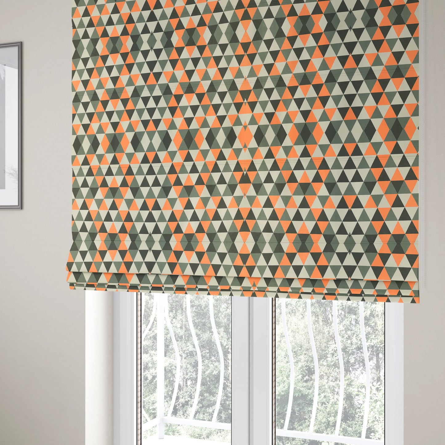 Monica Orange Grey White Black Colour Geometric Pattern Printed Soft Chenille Designer Fabric - Roman Blinds