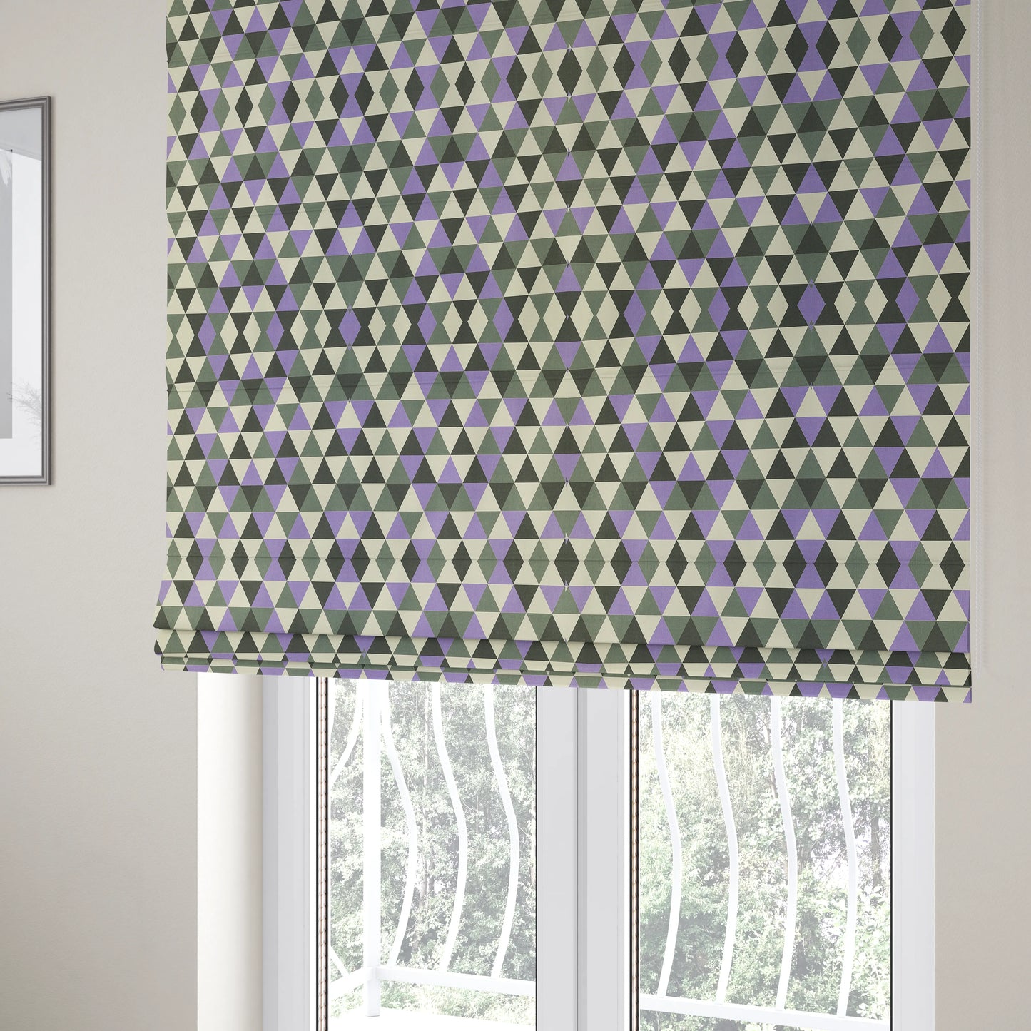 Monica Purple Grey White Black Colour Geometric Pattern Printed Soft Chenille Designer Fabric - Roman Blinds