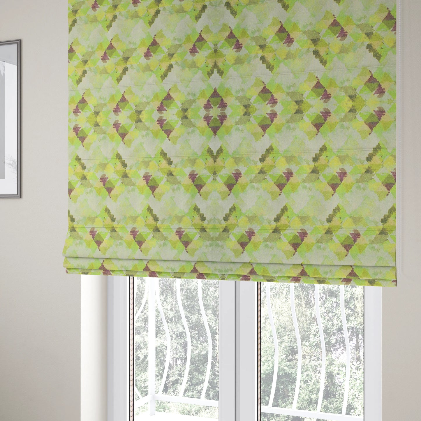 Mystic Artistic Geometric Pattern Printed Soft Chenille Interior Fabric In Green Colour - Roman Blinds