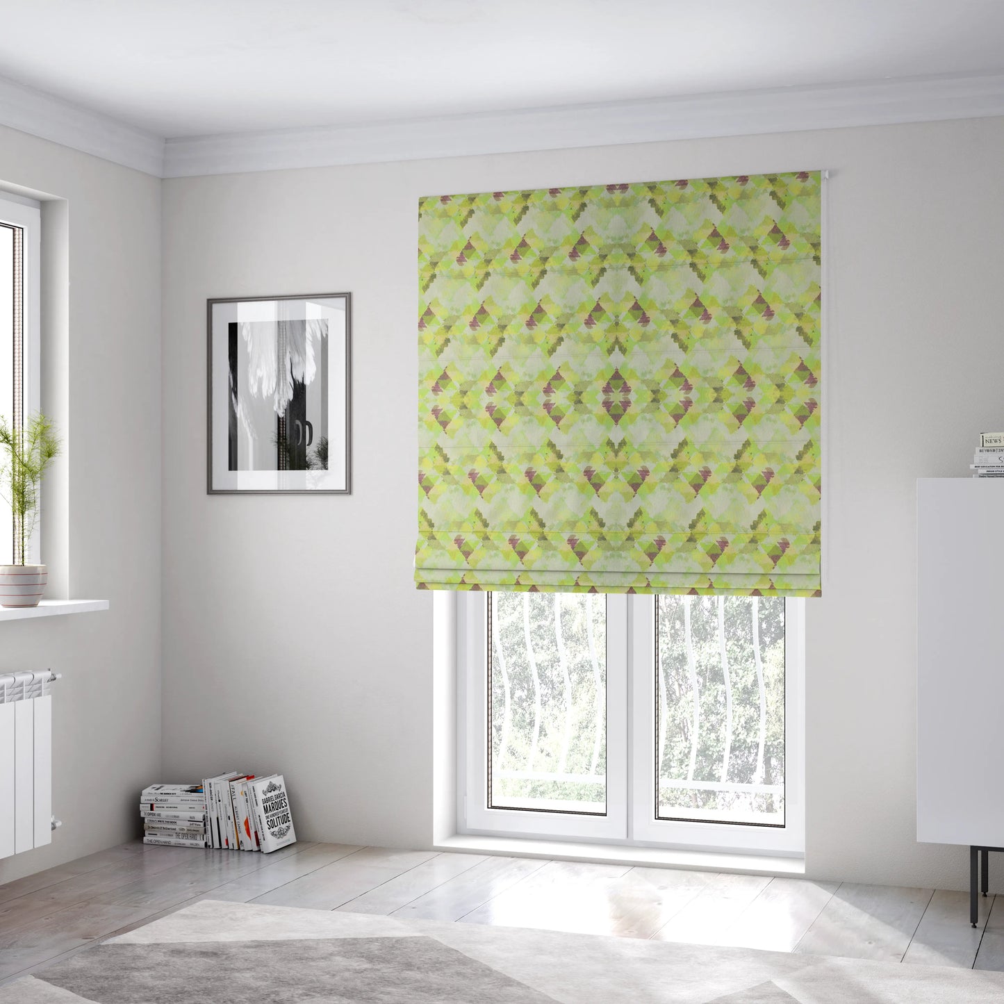 Mystic Artistic Geometric Pattern Printed Soft Chenille Interior Fabric In Green Colour - Roman Blinds