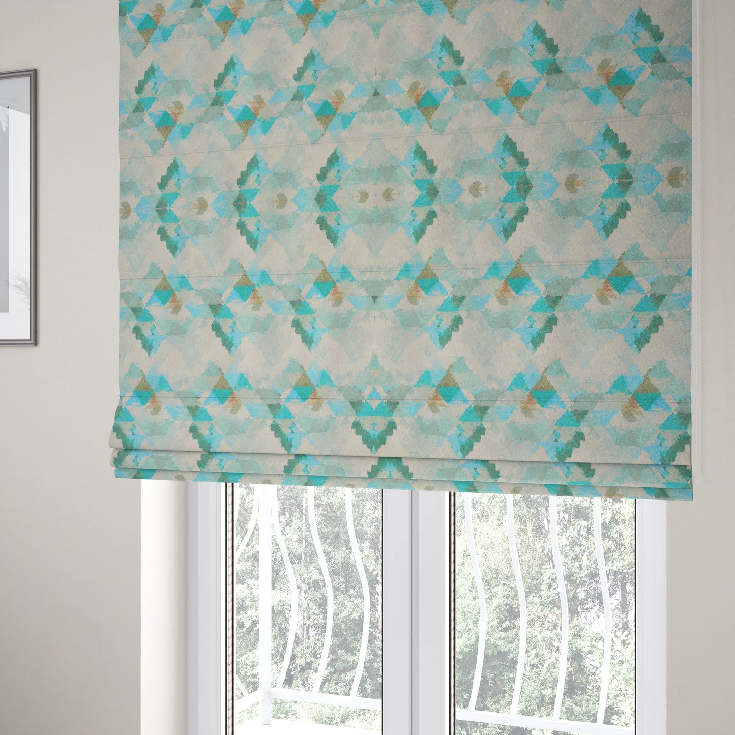 Mystic Artistic Geometric Pattern Printed Soft Chenille Interior Fabric In Blue Colour - Roman Blinds