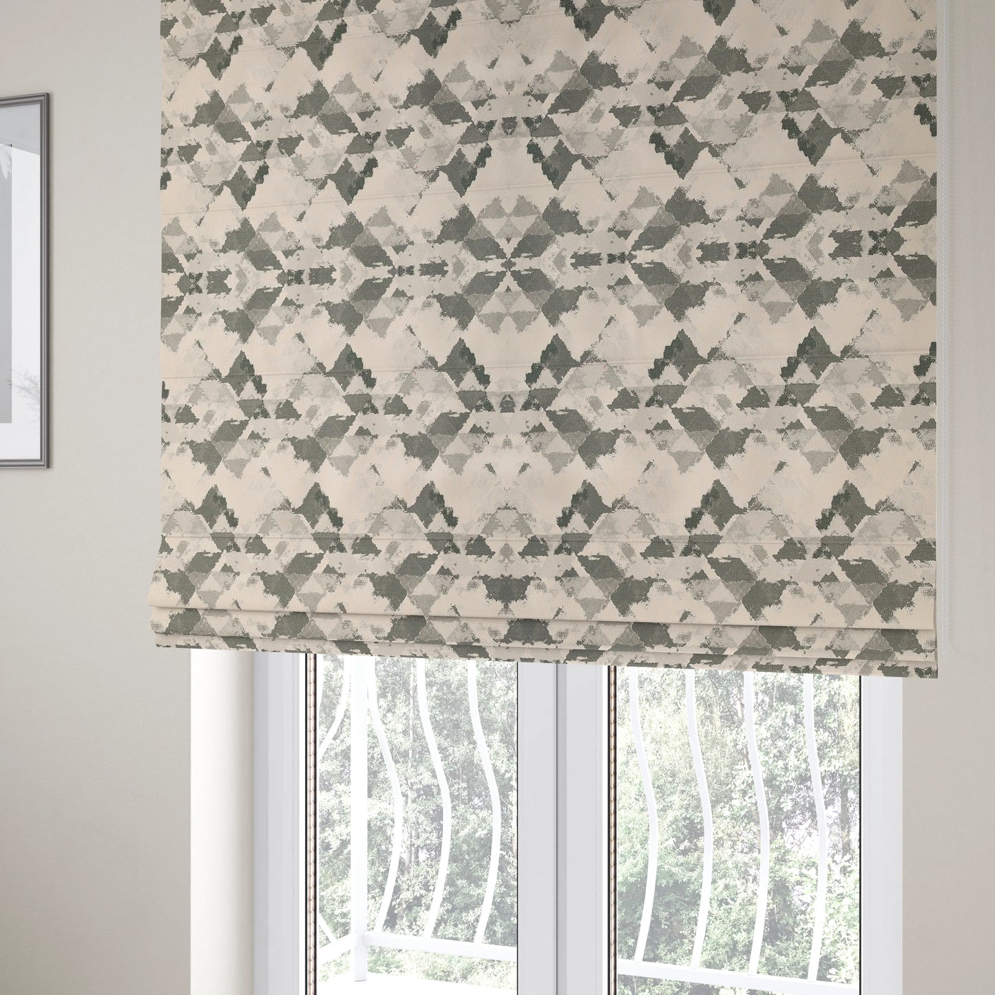 Mystic Artistic Geometric Pattern Printed Soft Chenille Interior Fabric In Grey Colour - Roman Blinds