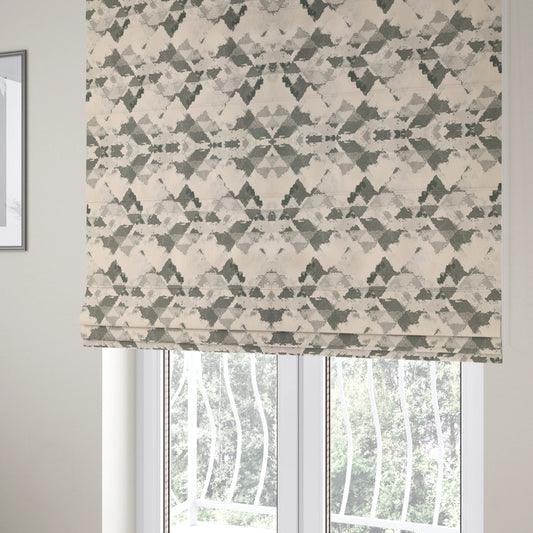 Mystic Artistic Geometric Pattern Printed Soft Chenille Interior Fabric In Grey Colour - Roman Blinds