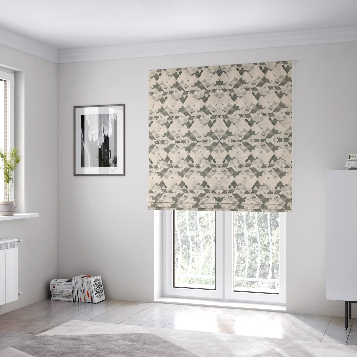 Mystic Artistic Geometric Pattern Printed Soft Chenille Interior Fabric In Grey Colour - Roman Blinds