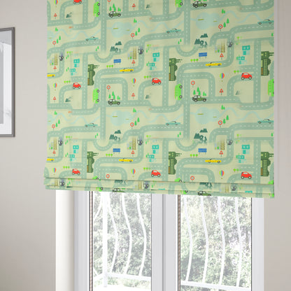 On The Road Map Children Play Mat Car Pattern Printed Upholstery Fabric In White - Roman Blinds