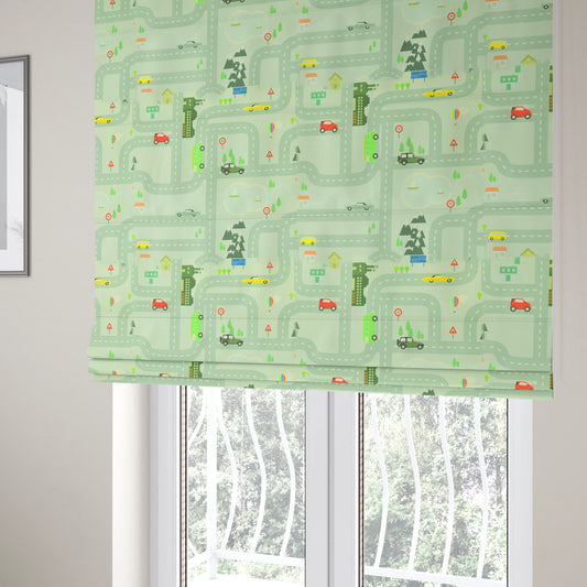 On The Road Map Children Play Mat Car Pattern Printed Upholstery Fabric In Silver - Roman Blinds