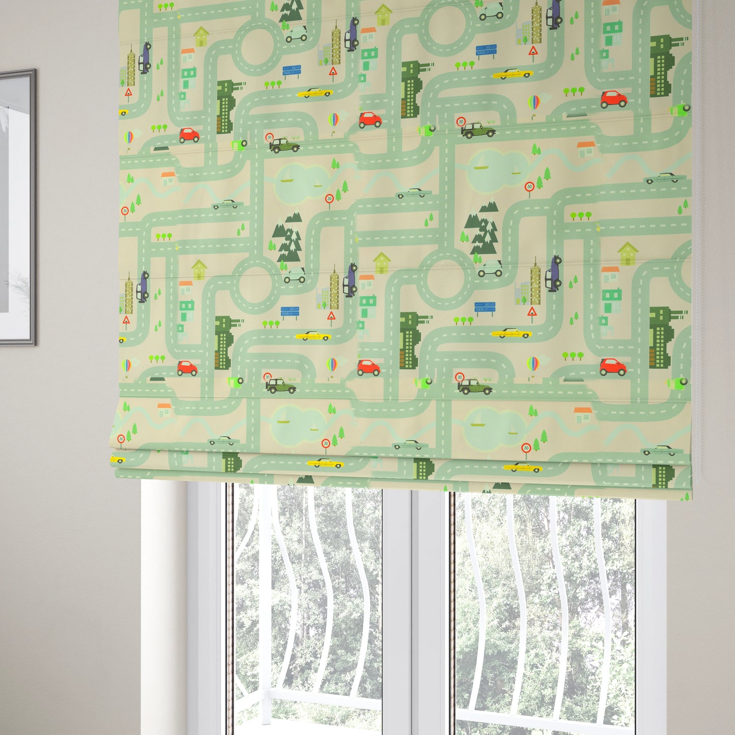 On The Road Map Children Play Mat Car Pattern Printed Upholstery Fabric In Pink - Roman Blinds