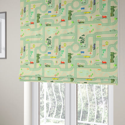 On The Road Map Children Play Mat Car Pattern Printed Upholstery Fabric In Pink - Roman Blinds