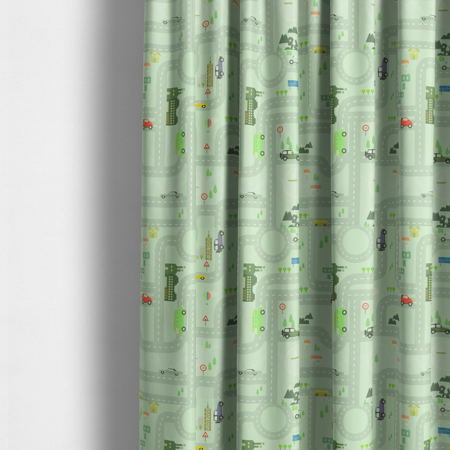 On The Road Map Children Play Mat Car Pattern Printed Upholstery Fabric In Green - Made To Measure Curtains