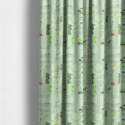 On The Road Map Children Play Mat Car Pattern Printed Upholstery Fabric In Green - Made To Measure Curtains