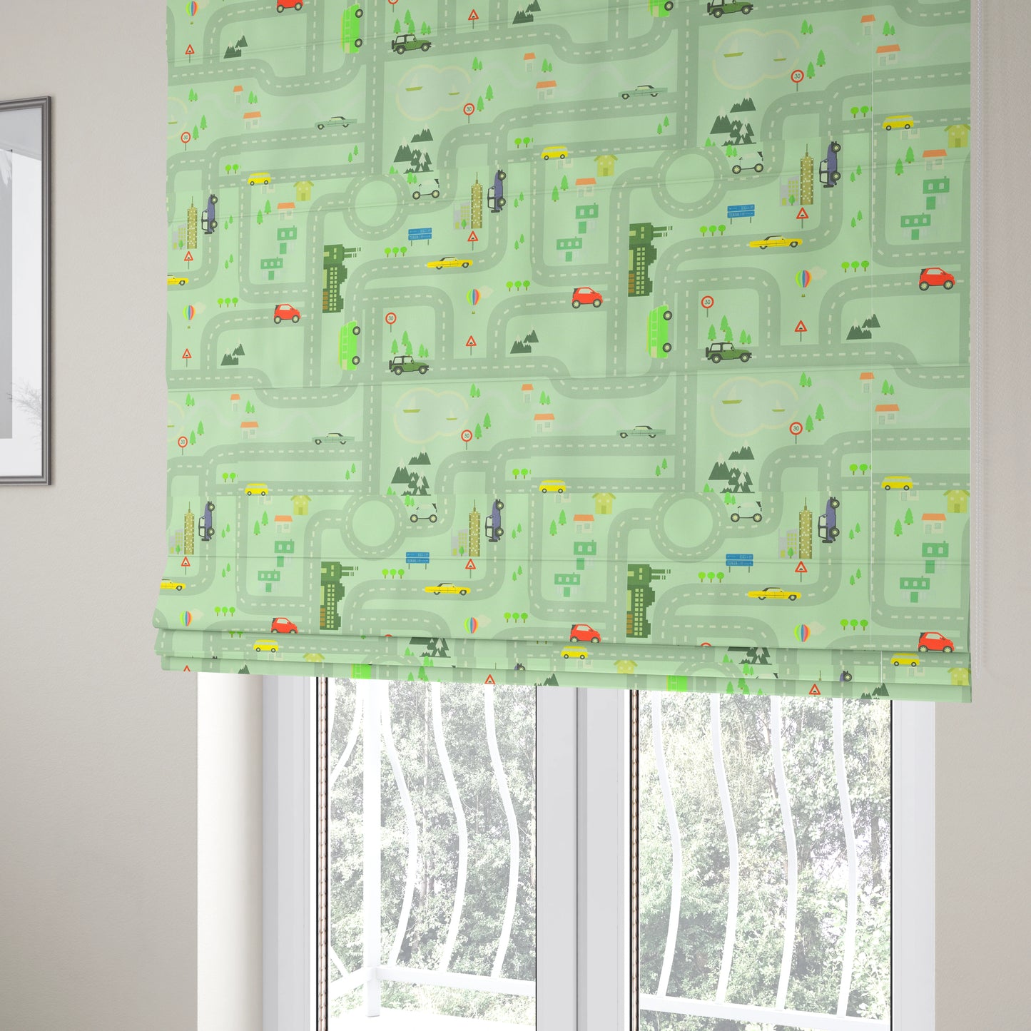 On The Road Map Children Play Mat Car Pattern Printed Upholstery Fabric In Green - Roman Blinds