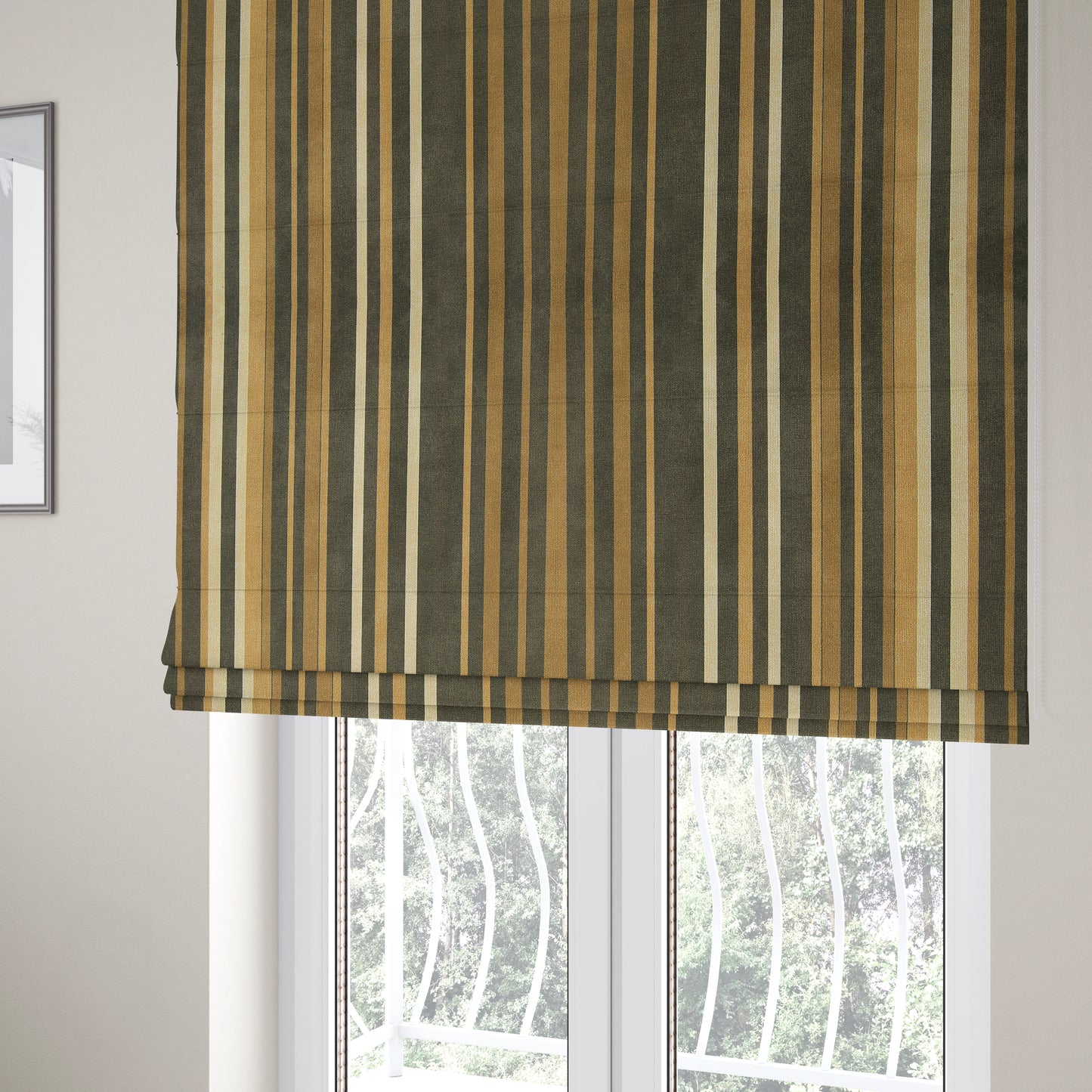 Pandora Vertical Stripes Pattern Soft Chenille Like Velvet Fabric Brown Beige Cream Shade Colour - Roman Blinds