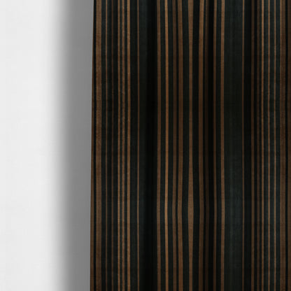 Pandora Vertical Stripes Pattern Soft Chenille Like Velvet Fabric Brown Honey Gold Shade Colour - Made To Measure Curtains