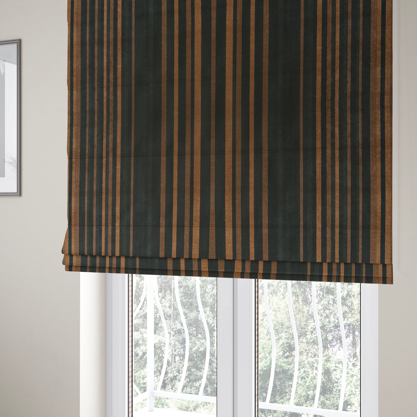 Pandora Vertical Stripes Pattern Soft Chenille Like Velvet Fabric Brown Honey Gold Shade Colour - Roman Blinds