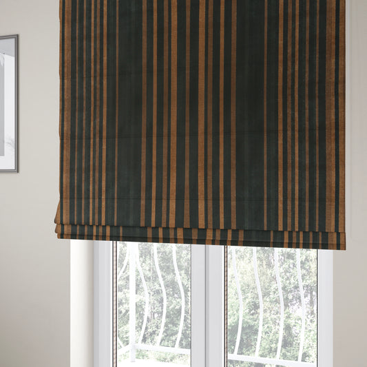 Pandora Vertical Stripes Pattern Soft Chenille Like Velvet Fabric Brown Honey Gold Shade Colour - Roman Blinds