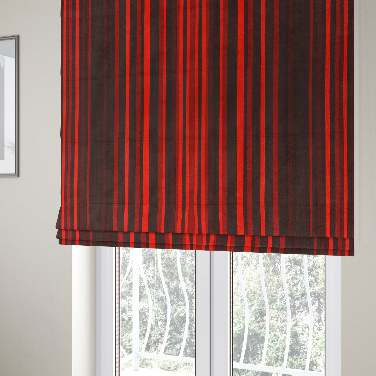 Pandora Vertical Stripes Pattern Soft Chenille Like Velvet Fabric Red Shade Colour - Roman Blinds