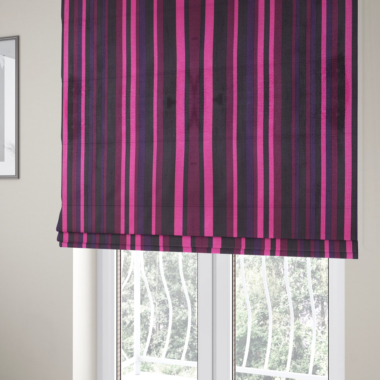 Pandora Vertical Stripes Pattern Soft Chenille Like Velvet Fabric Pink Shade Colour - Roman Blinds