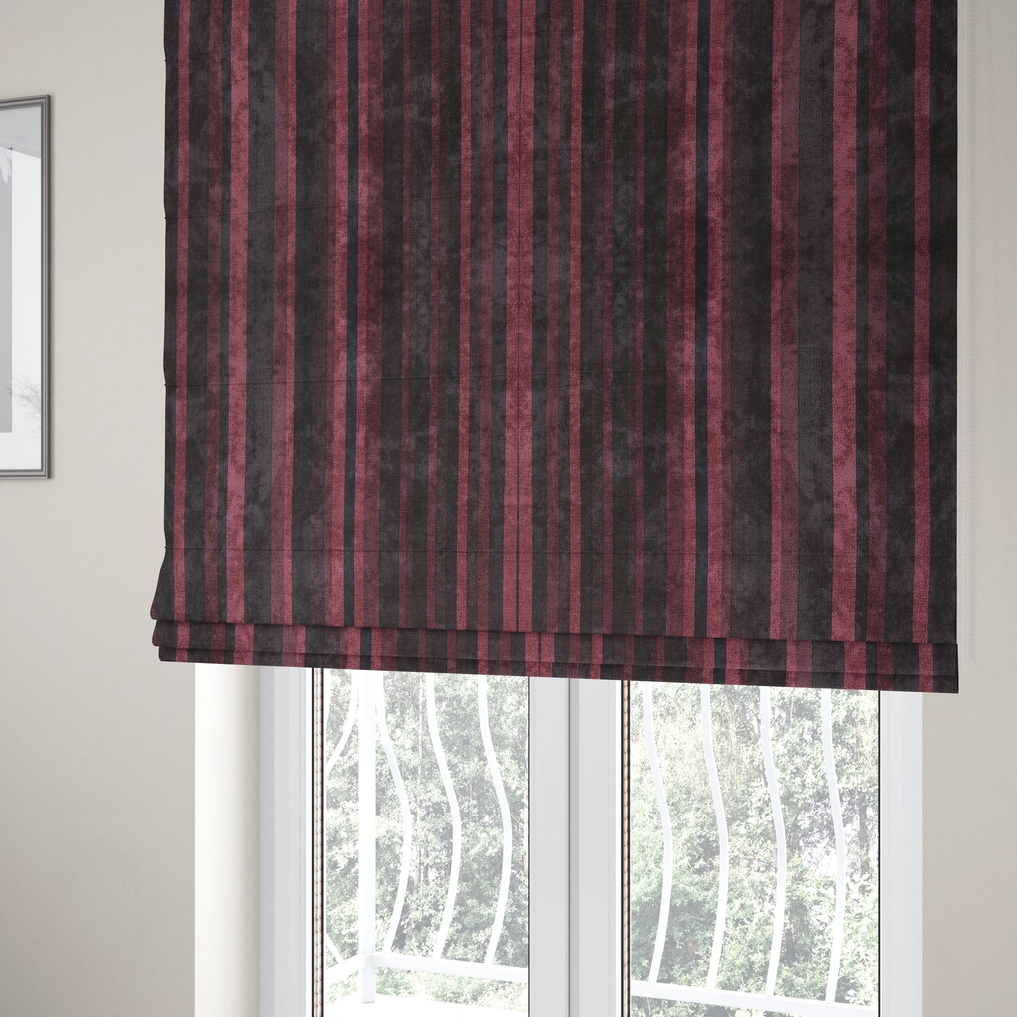 Pandora Vertical Stripes Pattern Soft Chenille Like Velvet Fabric Burgundy Shade Colour - Roman Blinds