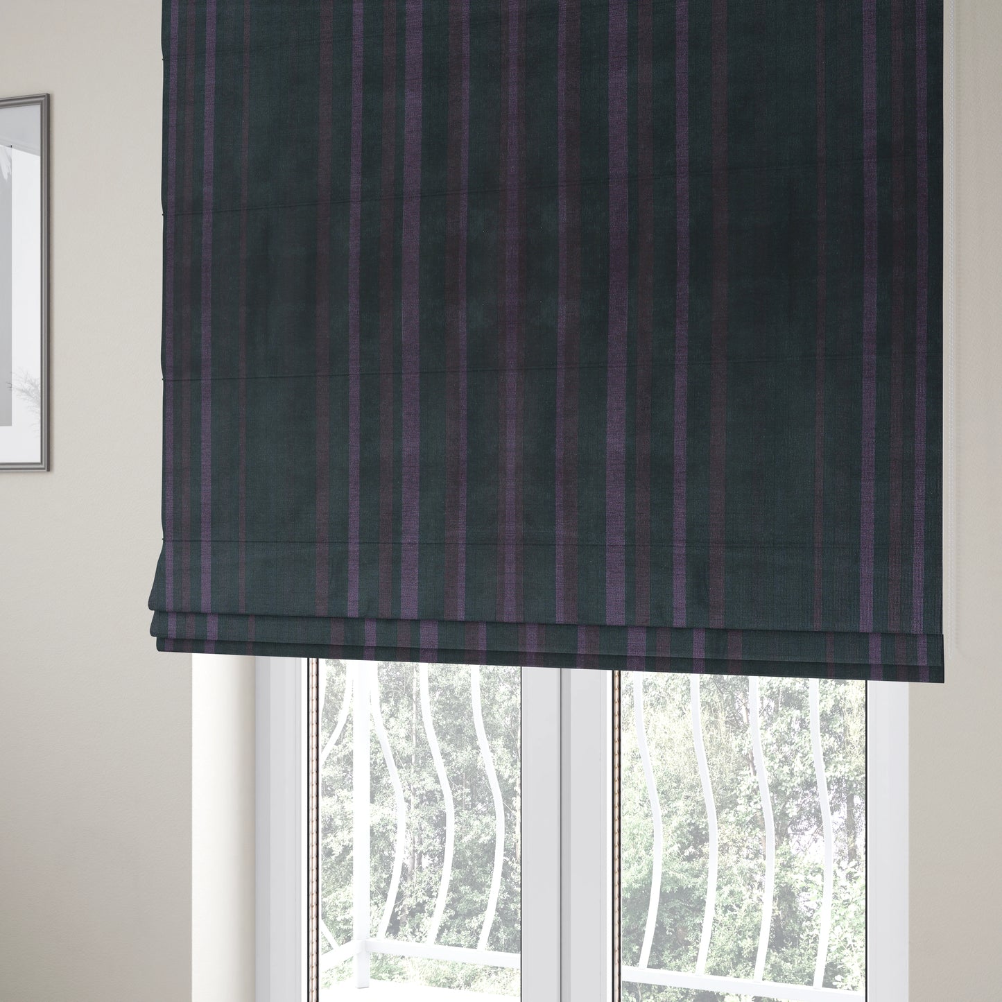 Pandora Vertical Stripes Pattern Soft Chenille Like Velvet Fabric Purple Shade Colour - Roman Blinds