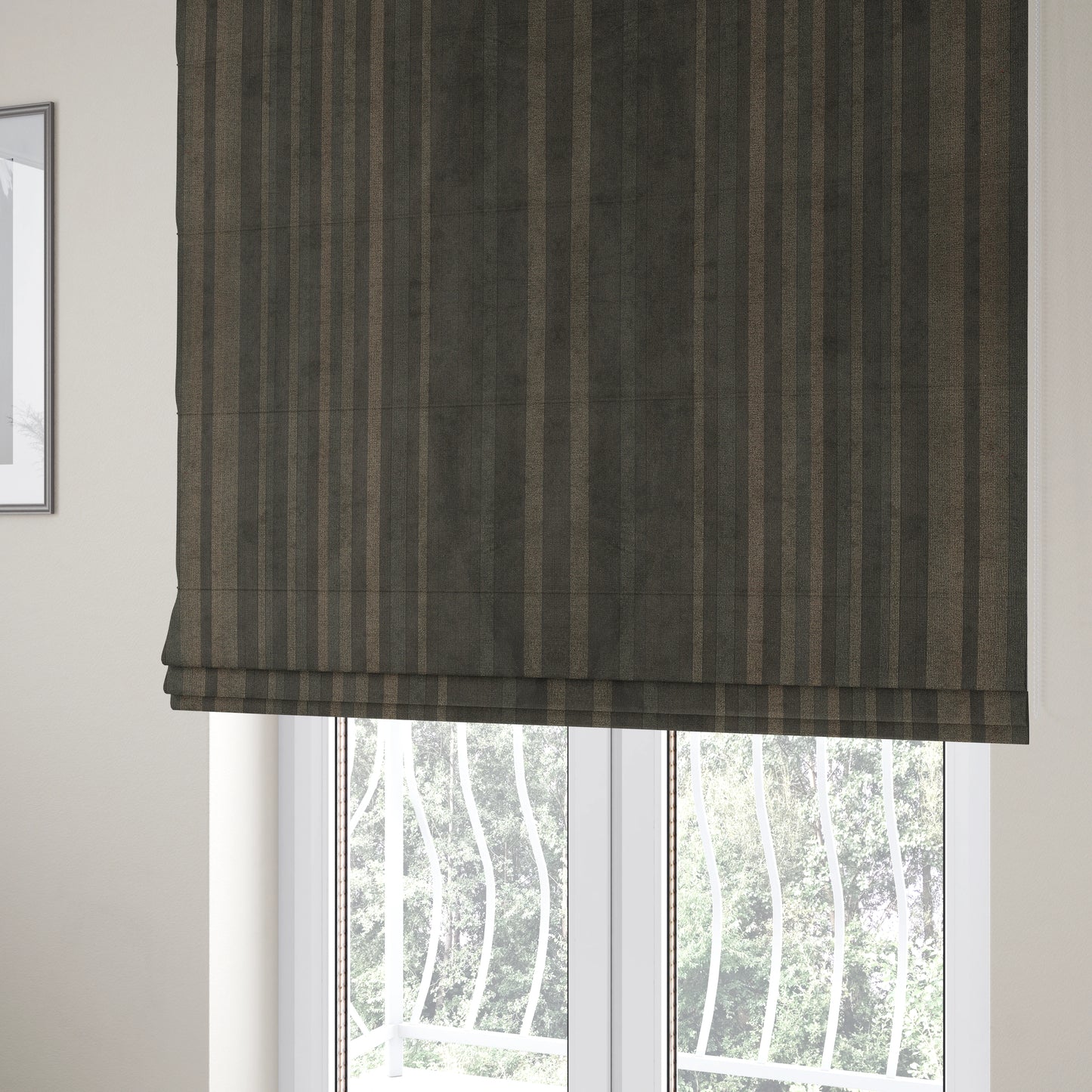 Pandora Vertical Stripes Pattern Soft Chenille Like Velvet Fabric Brown Shade Colour - Roman Blinds