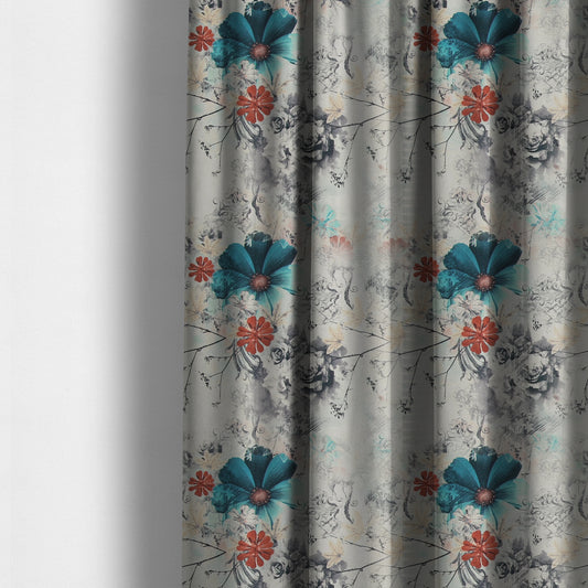 Pat Floral Pattern Red Blue Colour Printed Velvet Upholstery Curtain Fabrics - Made To Measure Curtains