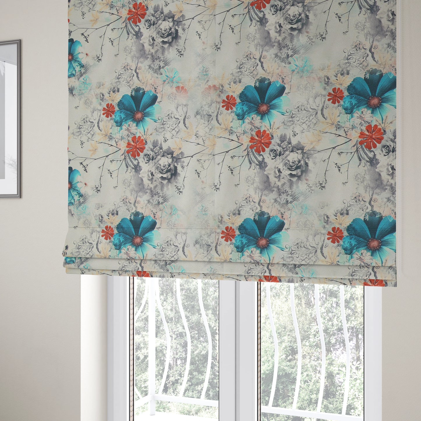 Pat Floral Pattern Red Blue Colour Printed Velvet Upholstery Curtain Fabrics - Roman Blinds