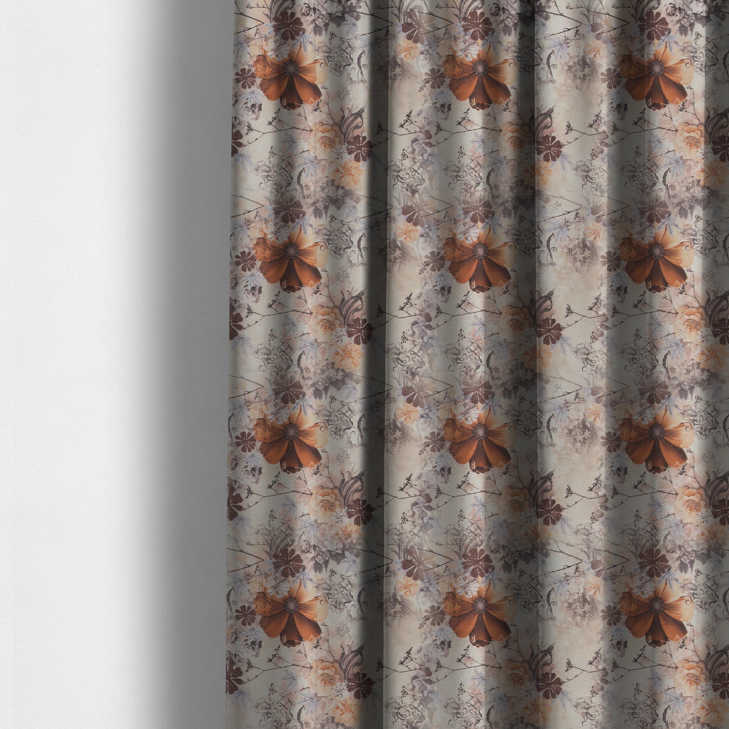 Pat Floral Pattern Orange Brown Colour Printed Velvet Upholstery Curtain Fabrics - Made To Measure Curtains