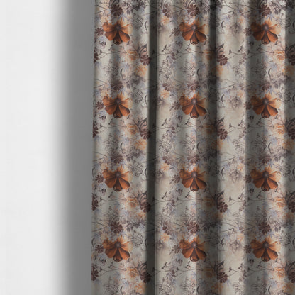 Pat Floral Pattern Orange Brown Colour Printed Velvet Upholstery Curtain Fabrics - Made To Measure Curtains