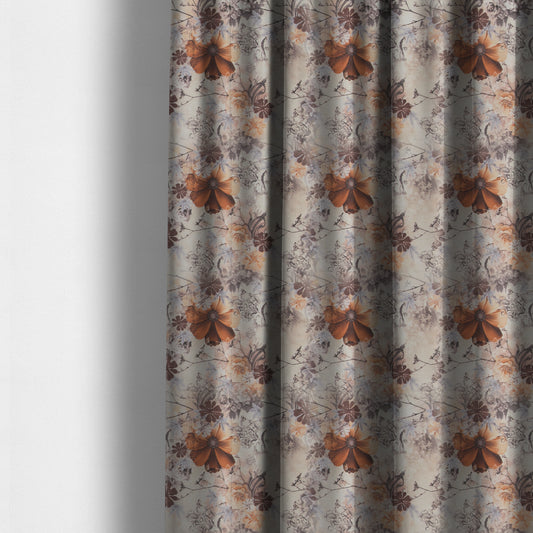 Pat Floral Pattern Orange Brown Colour Printed Velvet Upholstery Curtain Fabrics - Made To Measure Curtains