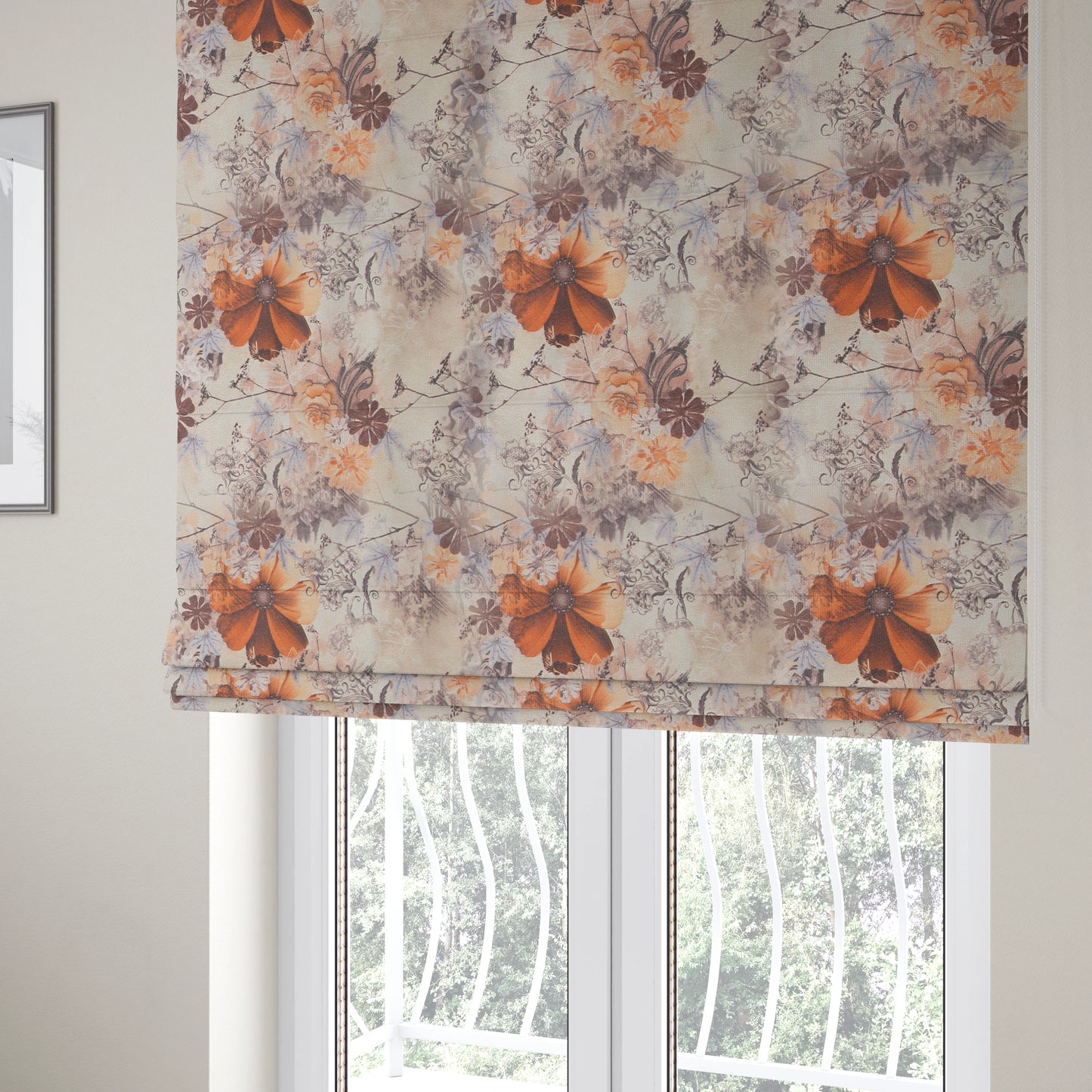 Pat Floral Pattern Orange Brown Colour Printed Velvet Upholstery Curtain Fabrics - Roman Blinds