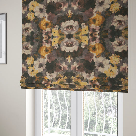 Pat Floral Pattern Brown Yellow Colour Printed Velvet Upholstery Curtain Fabrics - Roman Blinds