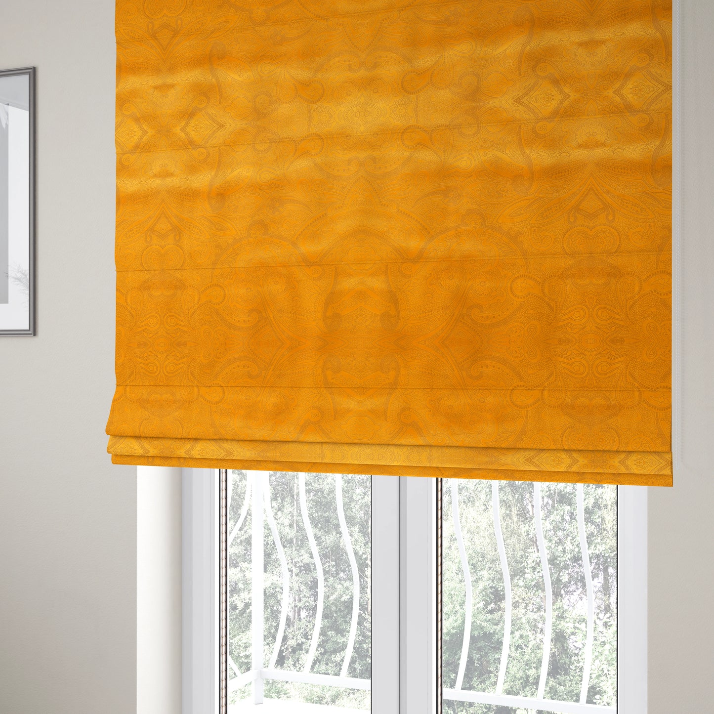 Phoenix Laser Cut Pattern Soft Velveteen Orange Mango Velvet Material Upholstery Curtains Fabric - Roman Blinds