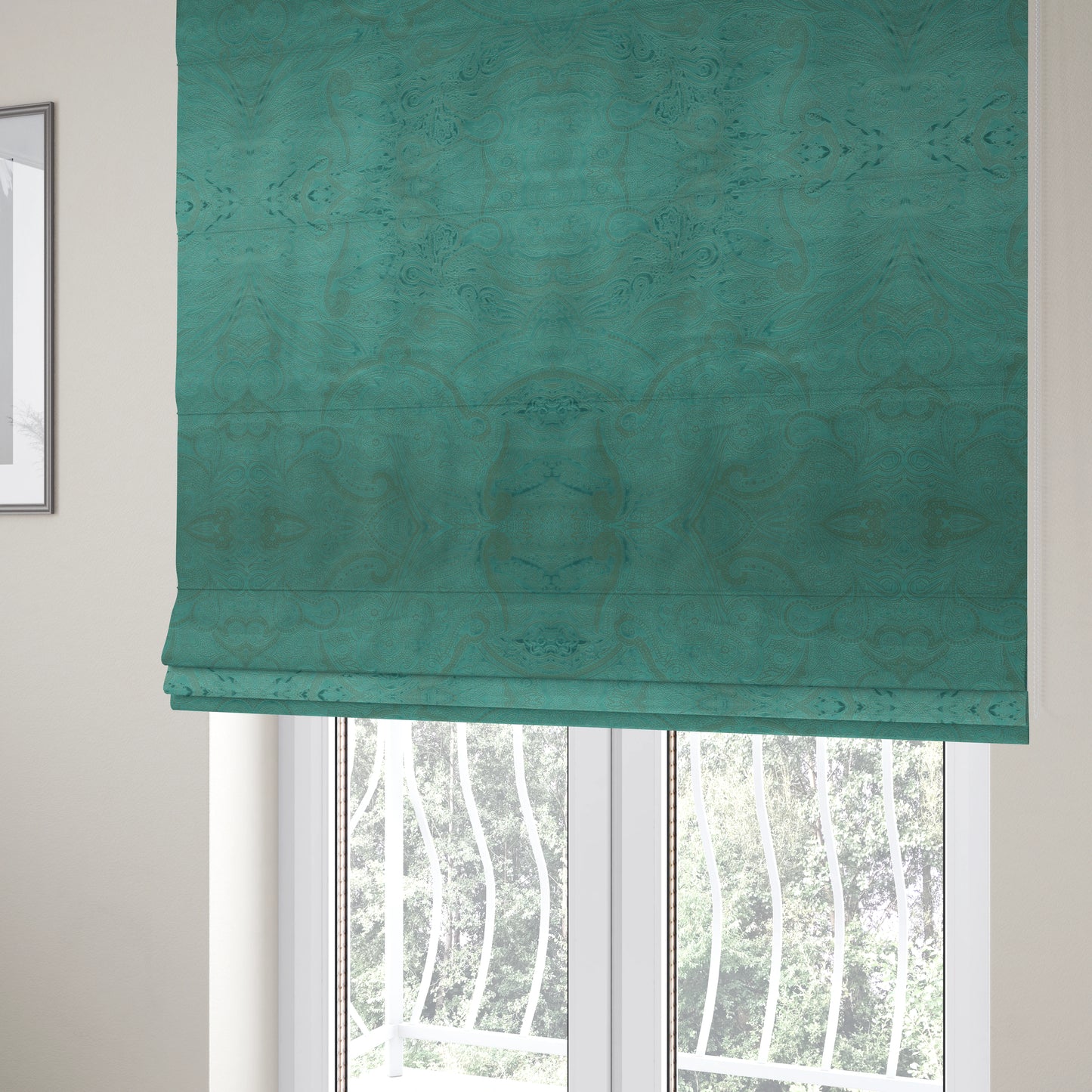 Phoenix Laser Cut Pattern Soft Velveteen Teal Velvet Material Upholstery Curtains Fabric - Roman Blinds