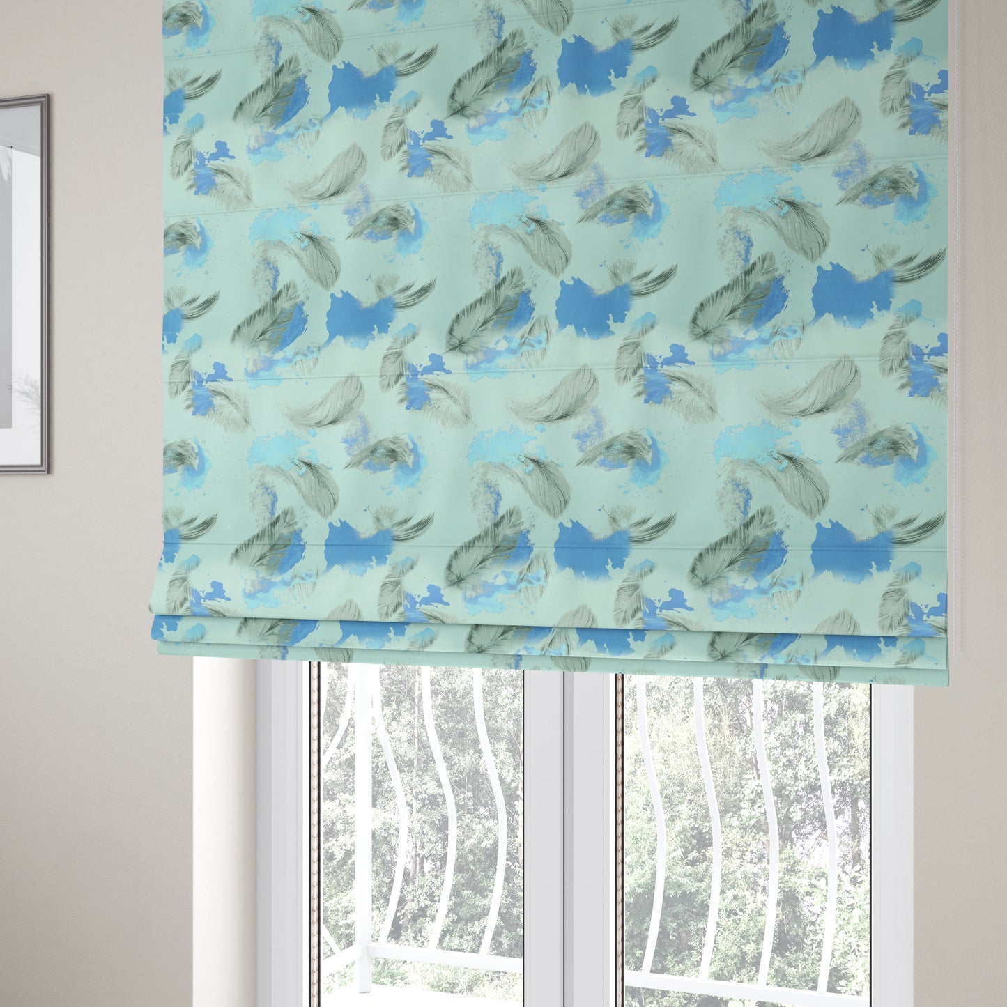 Saleem Printed Velvet Leaf Pattern Velour Soft Velvet Blue Colour Upholstery Fabric - Roman Blinds