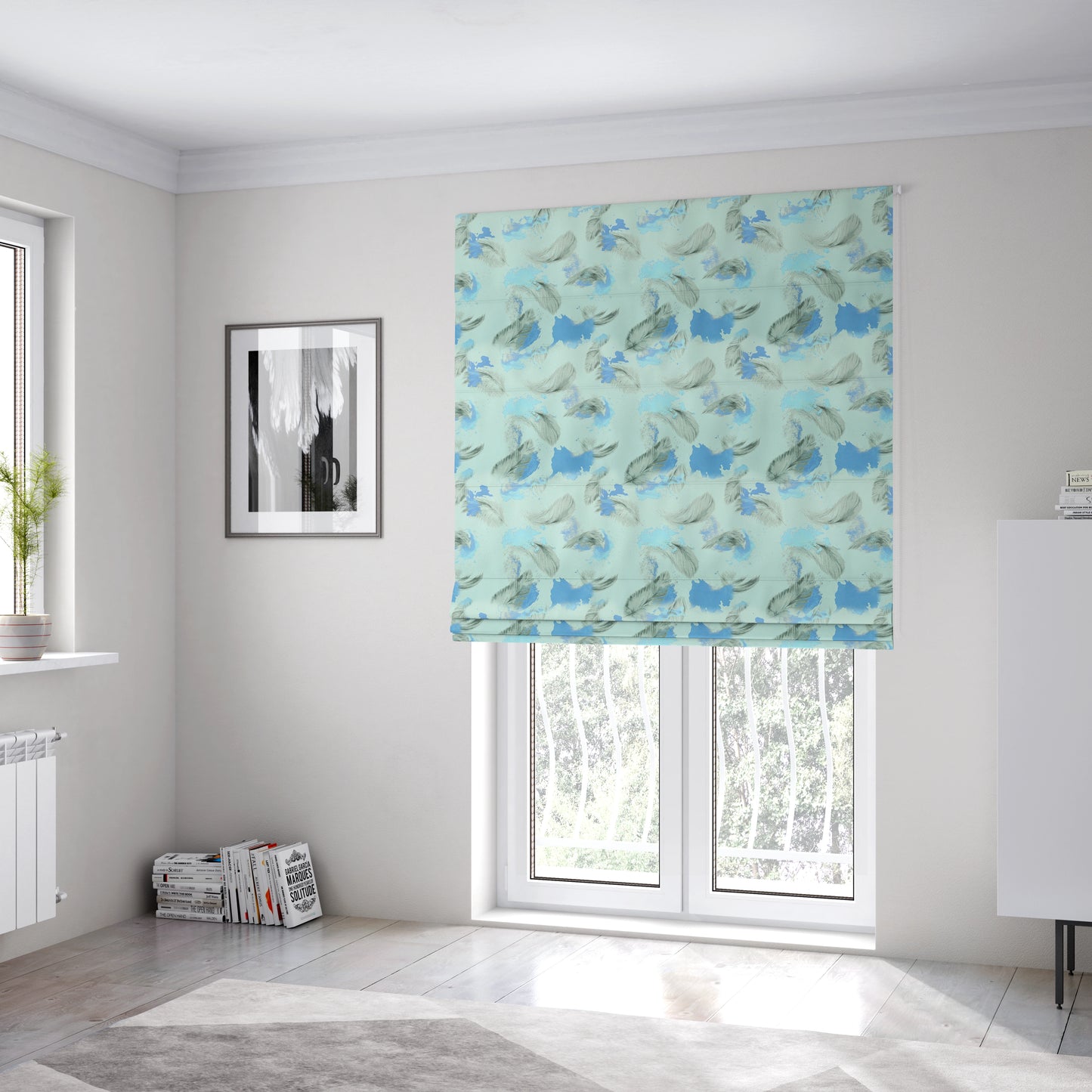 Saleem Printed Velvet Leaf Pattern Velour Soft Velvet Blue Colour Upholstery Fabric - Roman Blinds