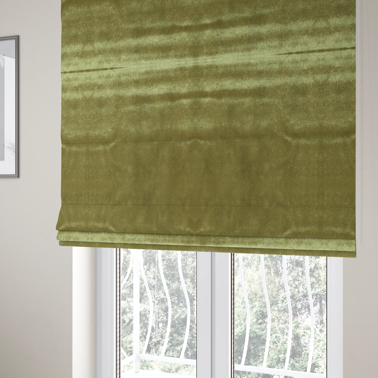 Savoy Lustrous Plain Velvet Upholstery Fabrics In Moss Green Colour - Roman Blinds