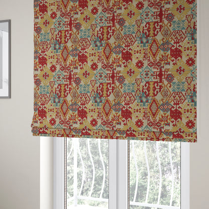 Shajahan Kilim Patchwork Pattern Yellow Blue Red Multi Coloured Furnishing Fabric - Roman Blinds