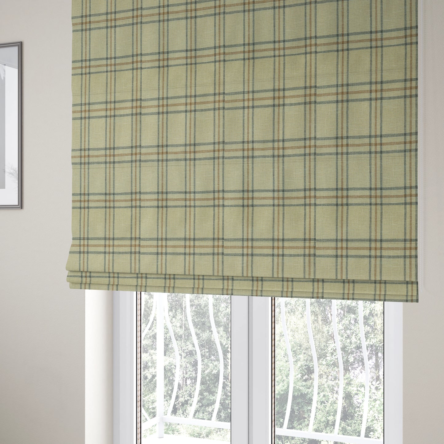 Shaldon Woven Tartan Pattern Upholstery Fabric In Cream Background With Grey - Roman Blinds