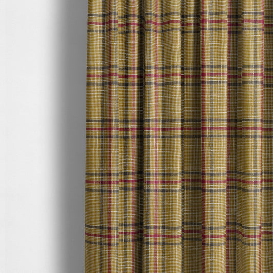 Shaldon Woven Tartan Pattern Upholstery Fabric In Yellow Background With Red - Made To Measure Curtains