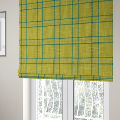 Shaldon Woven Tartan Pattern Upholstery Fabric In Green Background With Blue - Roman Blinds