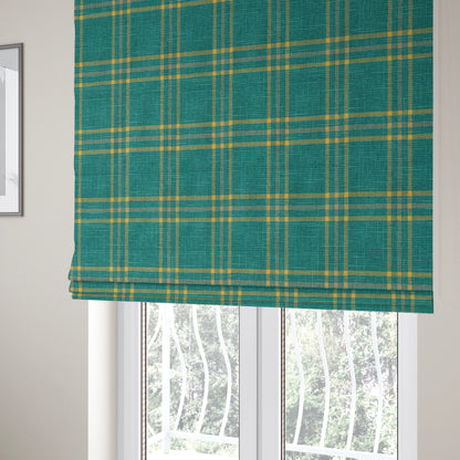 Shaldon Woven Tartan Pattern Upholstery Fabric In Blue Background With Yellow - Roman Blinds