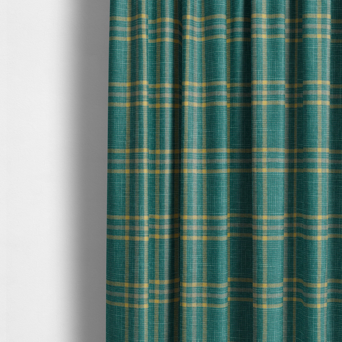 Shaldon Woven Tartan Pattern Upholstery Fabric In Blue Background With Yellow - Made To Measure Curtains