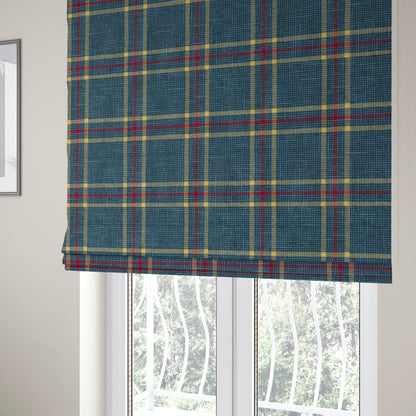 Shaldon Woven Tartan Pattern Upholstery Fabric In Blue Background With Red - Roman Blinds