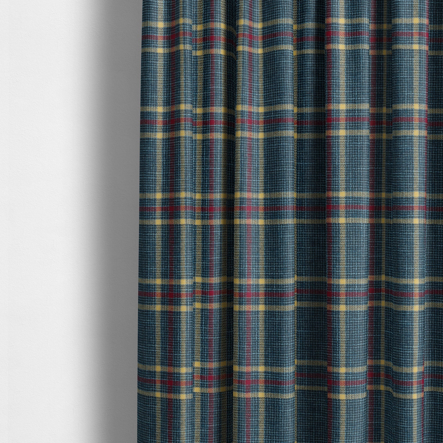 Shaldon Woven Tartan Pattern Upholstery Fabric In Blue Background With Red - Made To Measure Curtains